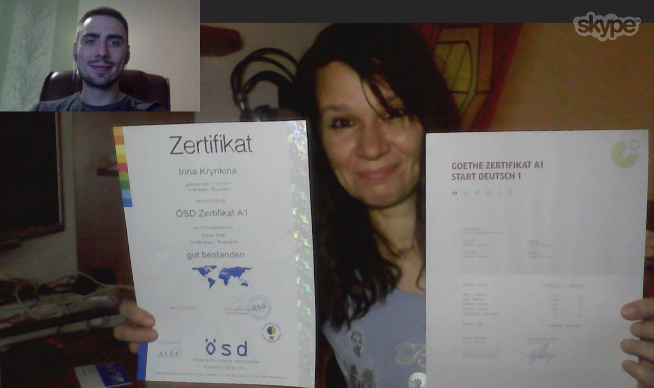 Ирина получила 2 сертификата уровня А1 - Start Deutsch и OSD