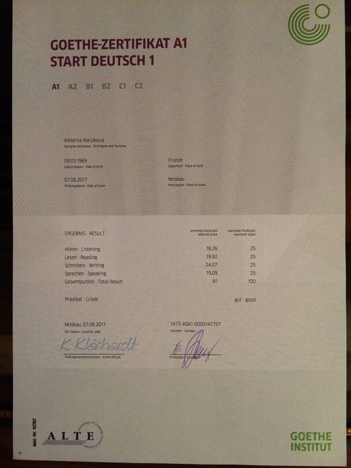 Сертификат А1 по немецкому гете института
